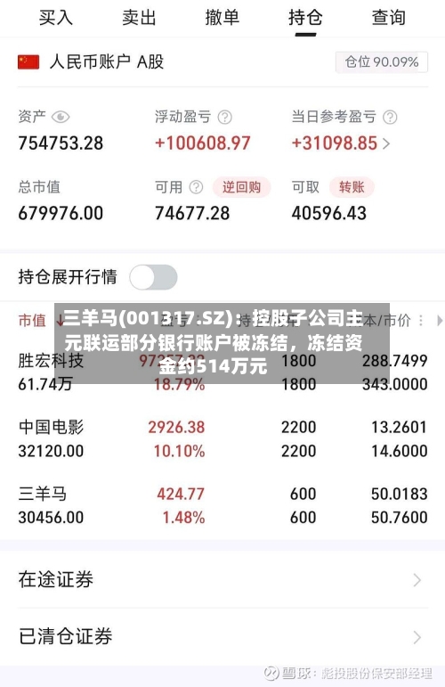 三羊马(001317.SZ)：控股子公司主元联运部分银行账户被冻结，冻结资金约514万元
